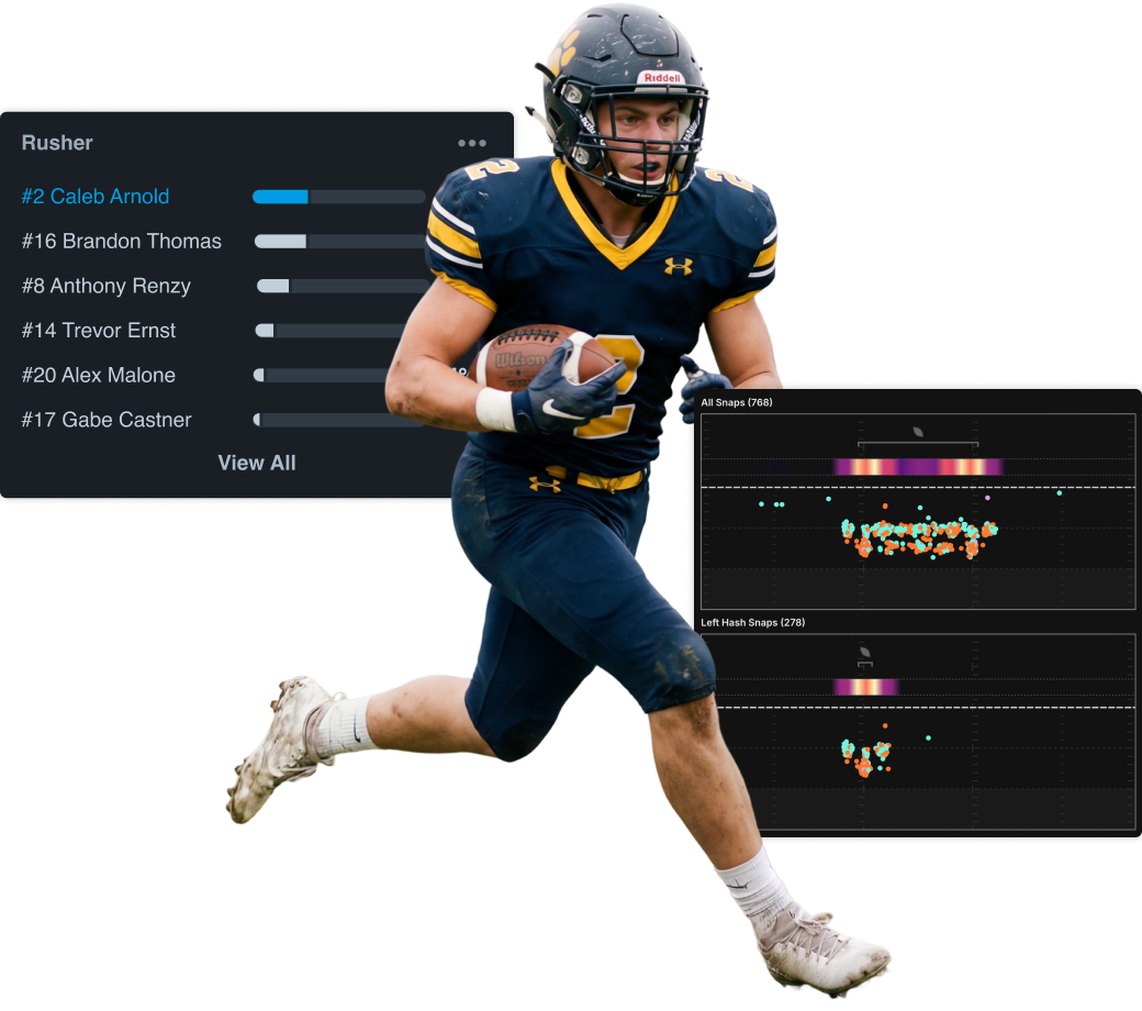 A football player looks forward, with overlays showing Hudl game breakdown data including rusher statistics and a target-shaped graph for player development.