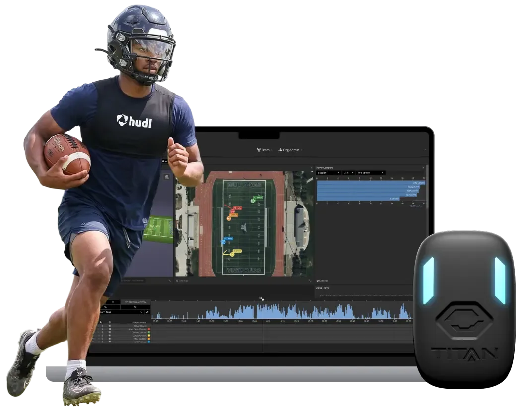 A football player runs with the ball, with a laptop displaying Hudl athlete monitoring data including speed charts and a 3D field view with player tracking.