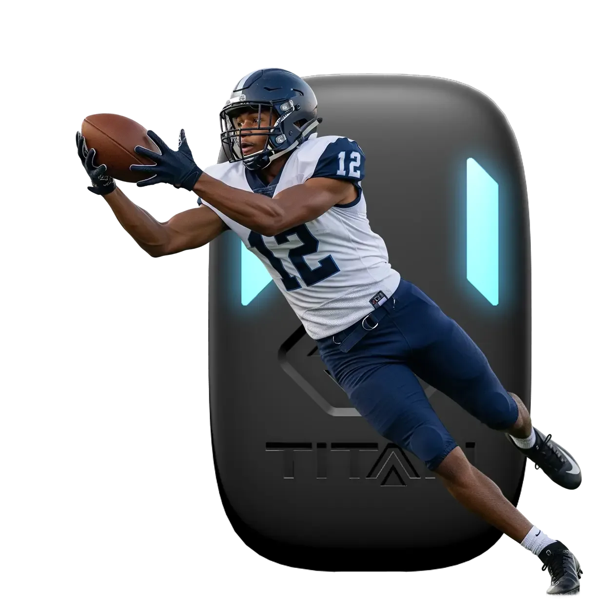 Photoillustration of a male football player leaping for a reception, superimposed over a Titan GPS tracker device.