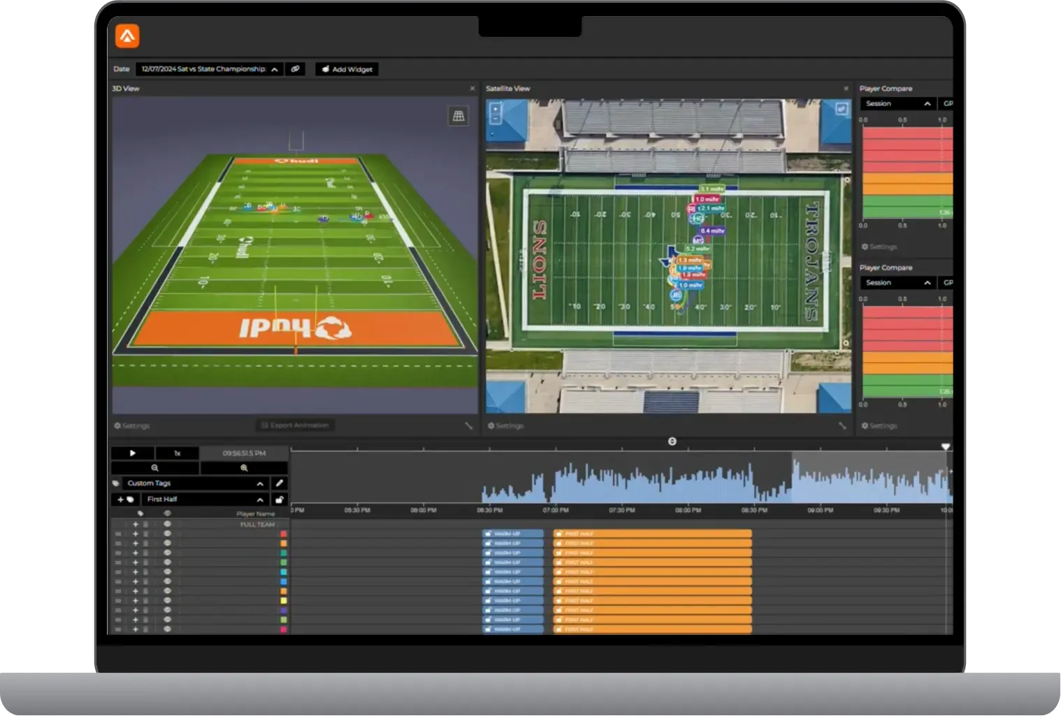 A laptop showing Titan Sync software in use to visualize player positions and activity over the course of a recorded session.