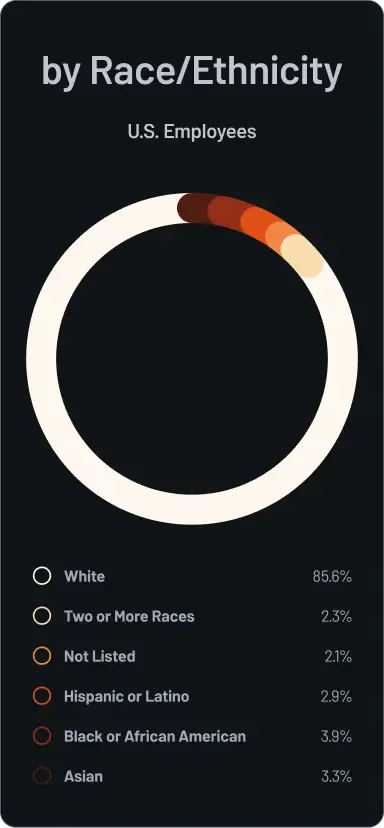 A donut chart titled "by Race/Ethnicity" for "U.S. Employees." The data breakdown is: White at 85.6%, Black or African American at 3.9%, Asian at 3.3%, Hispanic or Latino at 2.9%, Two or More Races at 2.3%, and Not Listed at 2.1%.