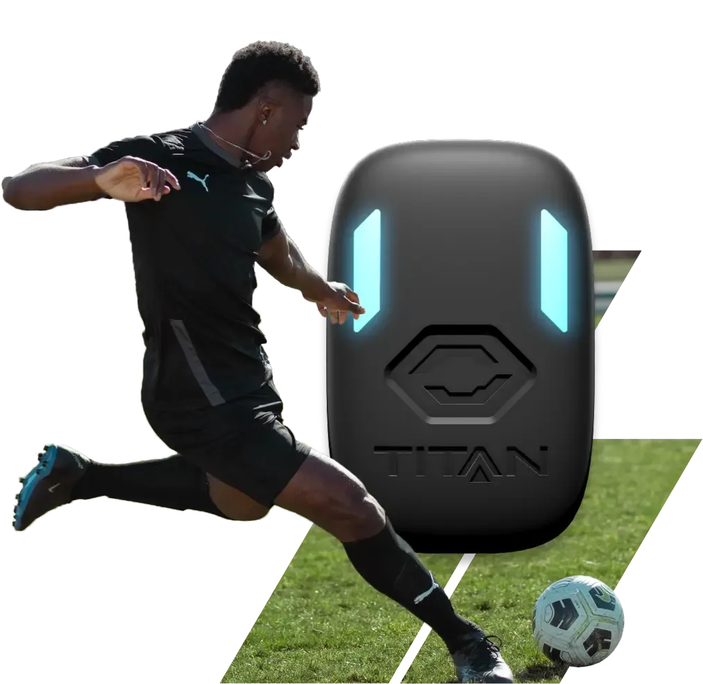 A graphic featuring a male soccer player in a black kit kicking a soccer ball on a grass field. In the foreground on the right is a black TITAN wearable sensor with two glowing blue vertical light bars.