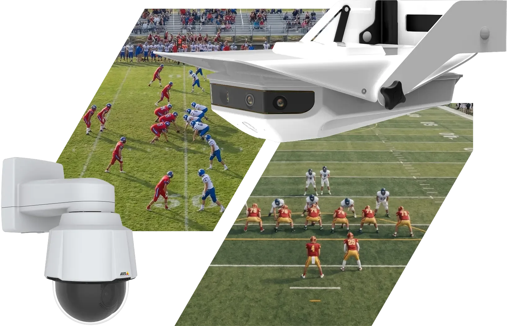 Photoillustration of a Focus Point LR camera and a Focus Outdoor camera, superimposed over a sideline angle and endzone angle view of a football game.