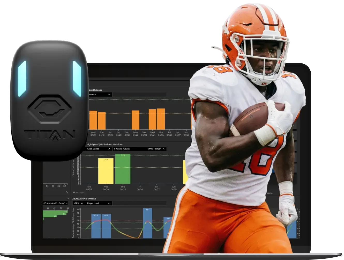 Photo illustration of a Titan GPS Tracker device, a laptop displaying workout session data, and a male high-school football player.