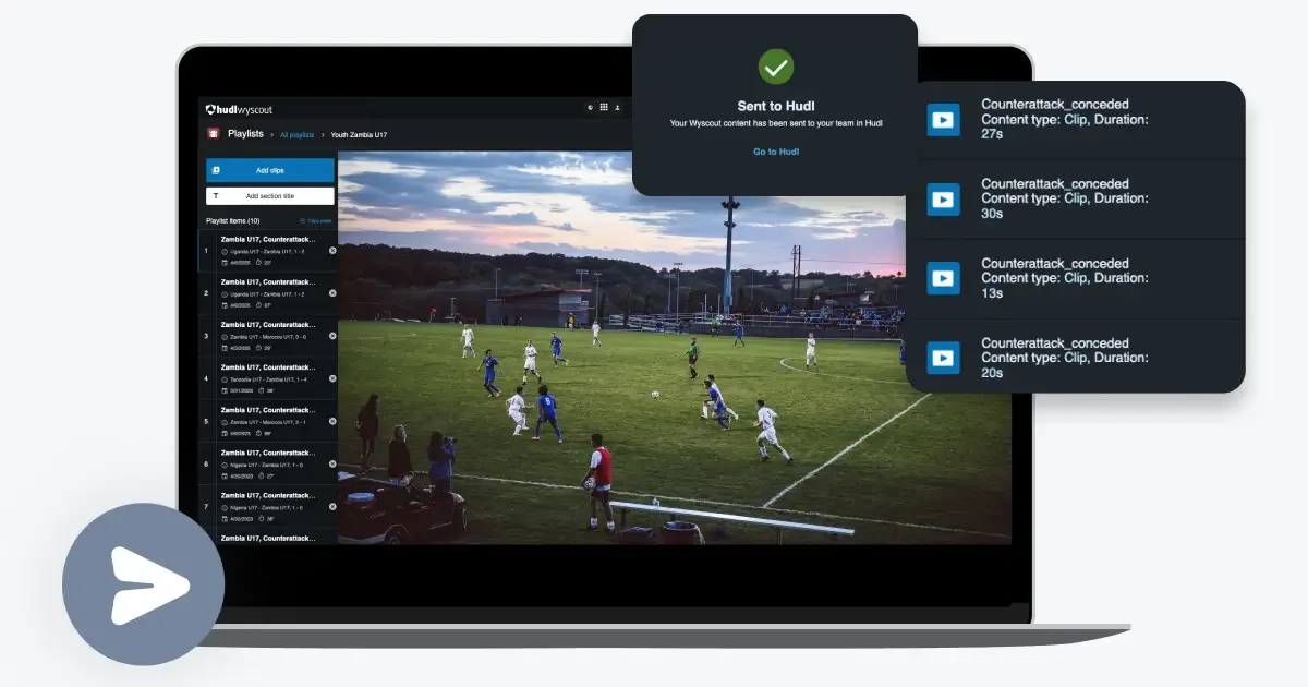 UI of Hudl Wyscout sending playlists to Hudl