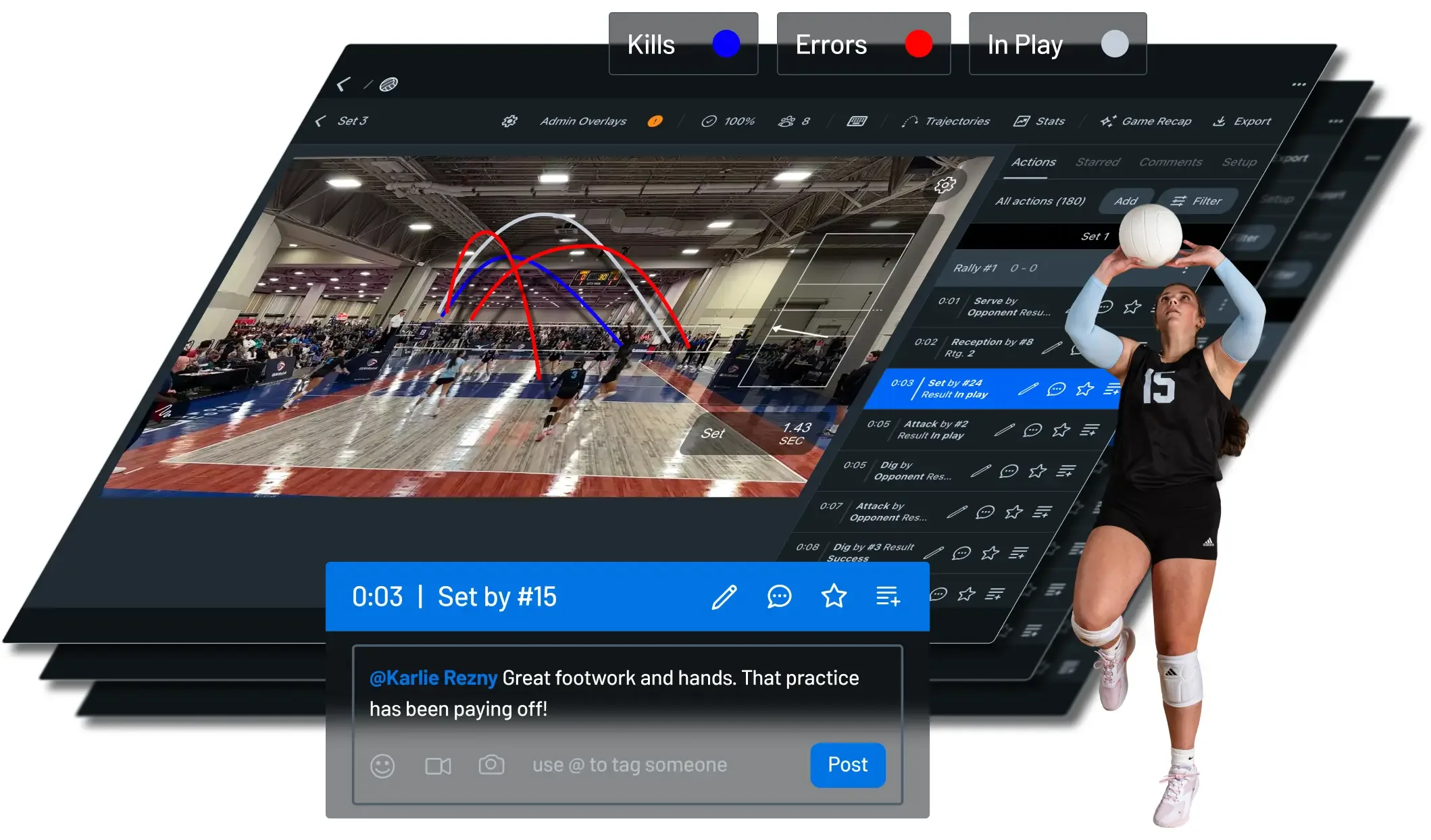 A sports technology collage featuring a female volleyball player setting a ball on the right, superimposed over multiple layers of an analysis interface showing a match video with color-coded ball trajectories, a play-by-play actions sidebar, and a prominent blue comment box overlay at the bottom.