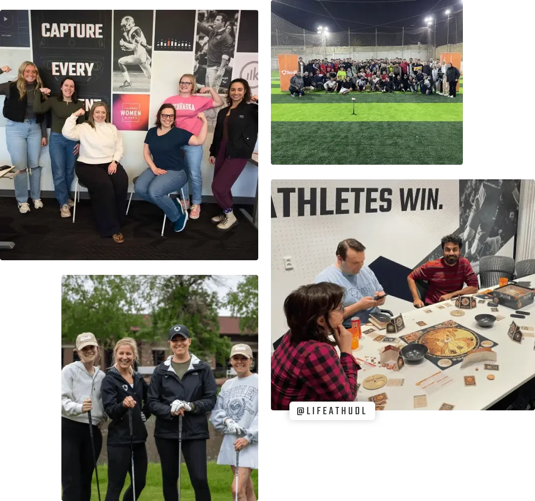 A collage of images showing Hudl employees posing together at the office, playing soccer, and golfing.