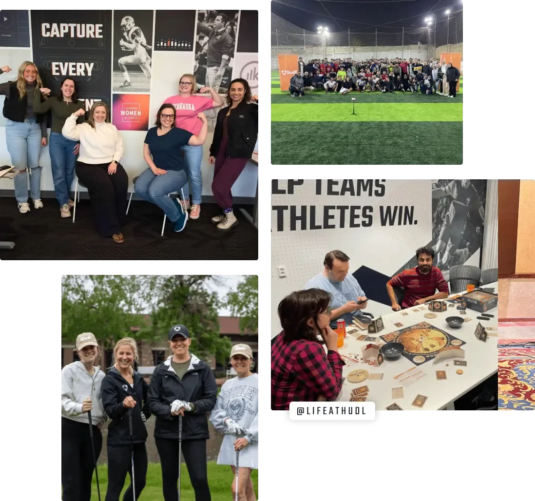 A collage of images showing Hudl employees posing together at the office, playing soccer, and golfing.