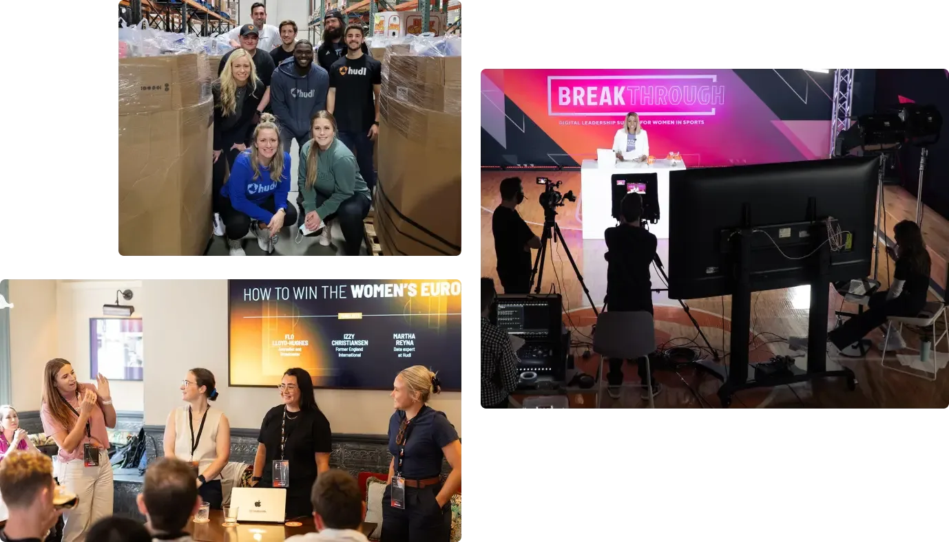 A collage of images showing Hudl employees packing boxes for a food bank, participating in a digital leadership conference, and presenting on "How to Win the Women's EURO."