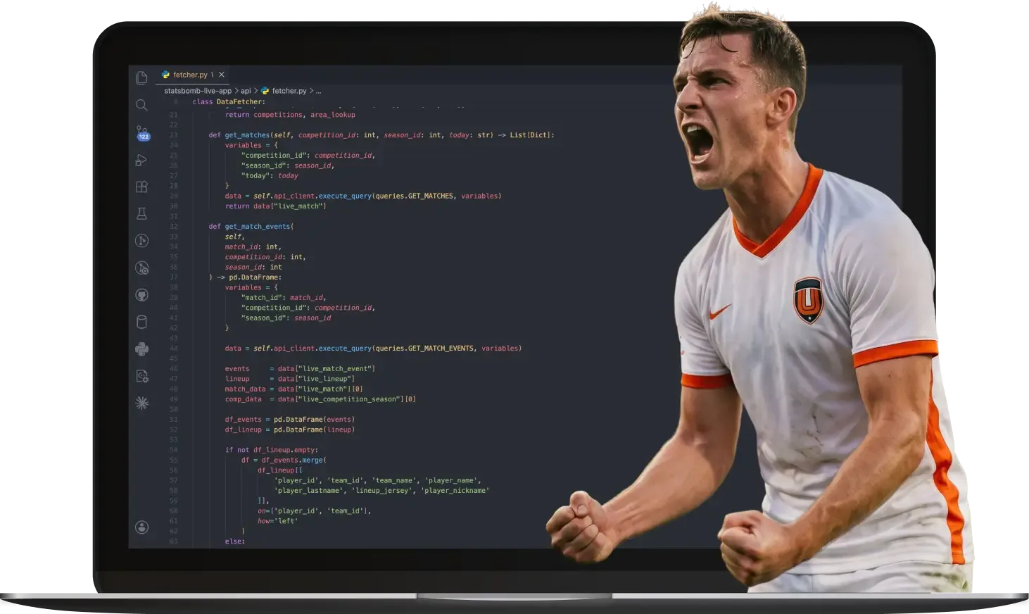 A sports technology collage featuring a male football player shouting triumphantly in celebration on the right, overlaid on a laptop screen displaying Python code for a sports data API on the left.