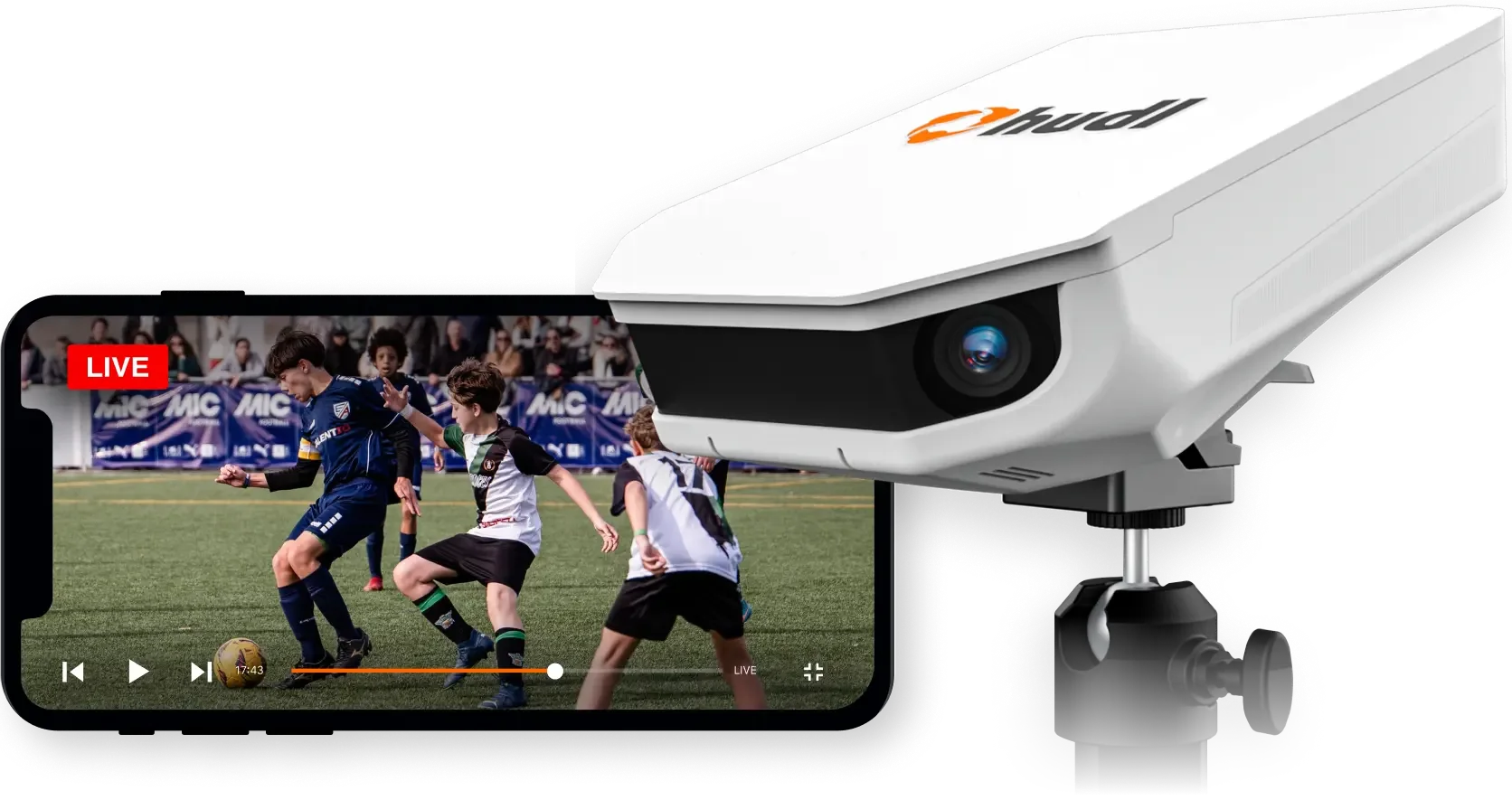 A smartphone displaying a live soccer game recording, positioned next to a Hudl Focus Flex camera on a tripod.