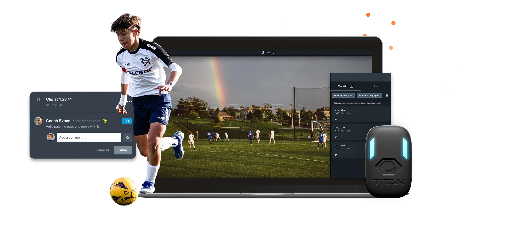 A young soccer player dribbles a ball, with a laptop in the background showing game analysis and a Titan GPS athlete performance tracker device.