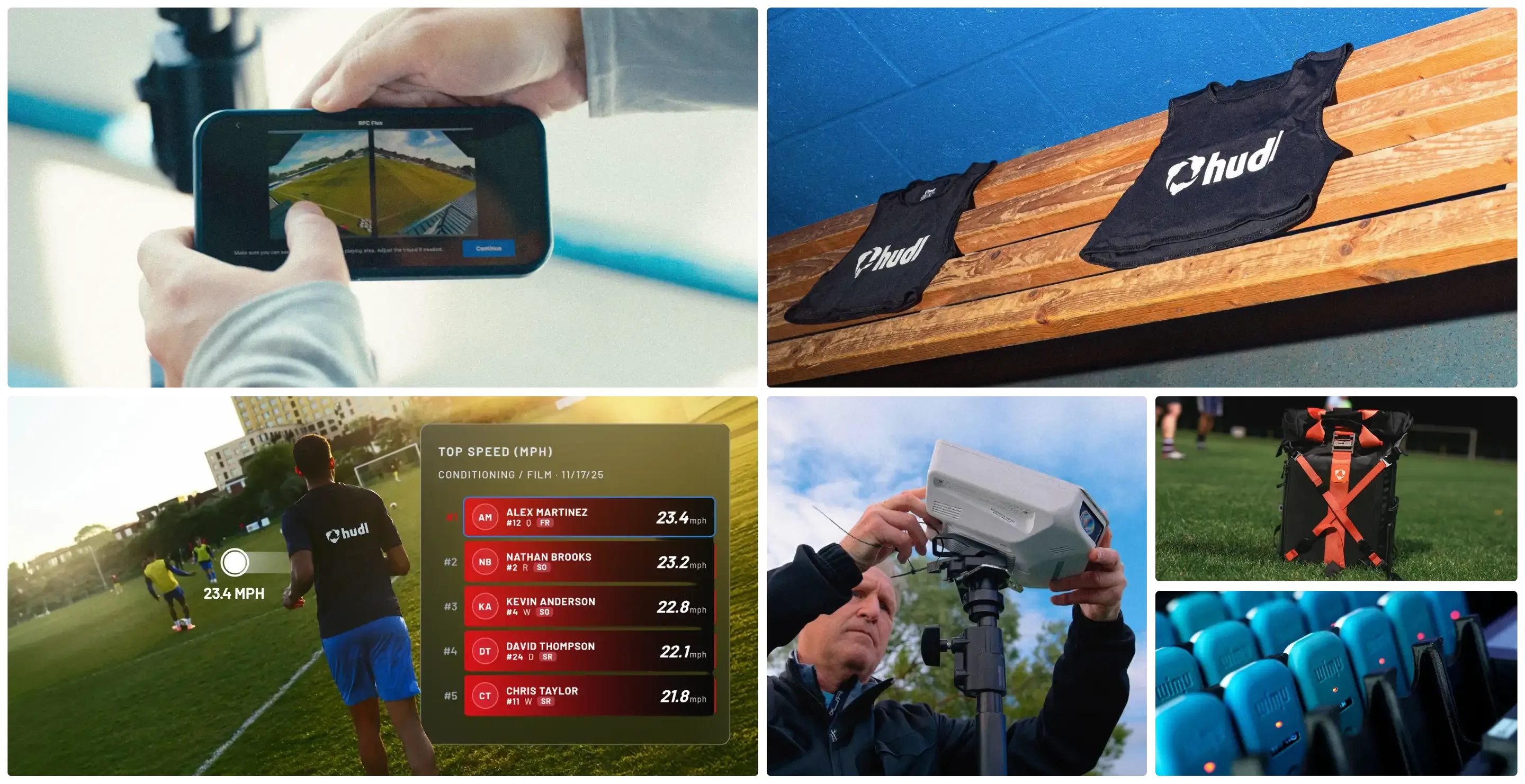 Collage of photos showing Hudl camera and tracking devices. A live stream in an iPhone, tracker vests in a locker room, an athlete with stats overlaying, a coach setting up a portable Hudl Focus Flex camera, a Hudl Focus Flex travel bag, and a case of WIMU devices charging.