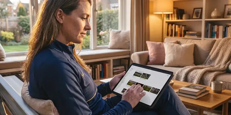 A player sitting at home in the evening reviewing clips from that day's practice on a tablet.
