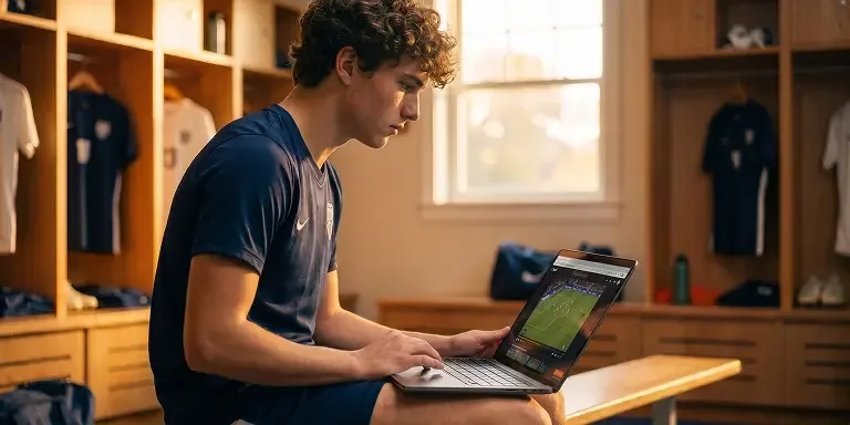 A player using a laptop to review their match highlights.