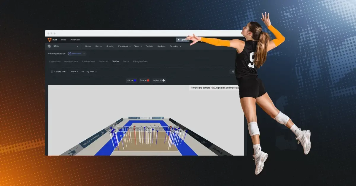 A 3D data visualization of a volleyball court showing ball tracking paths, with a volleyball player mid-spike in the foreground.