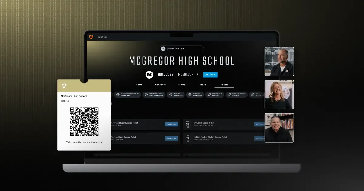 A laptop displaying the McGregor High School Bulldogs ticketing website, featuring a QR code mobile ticket and video testimonials from staff.