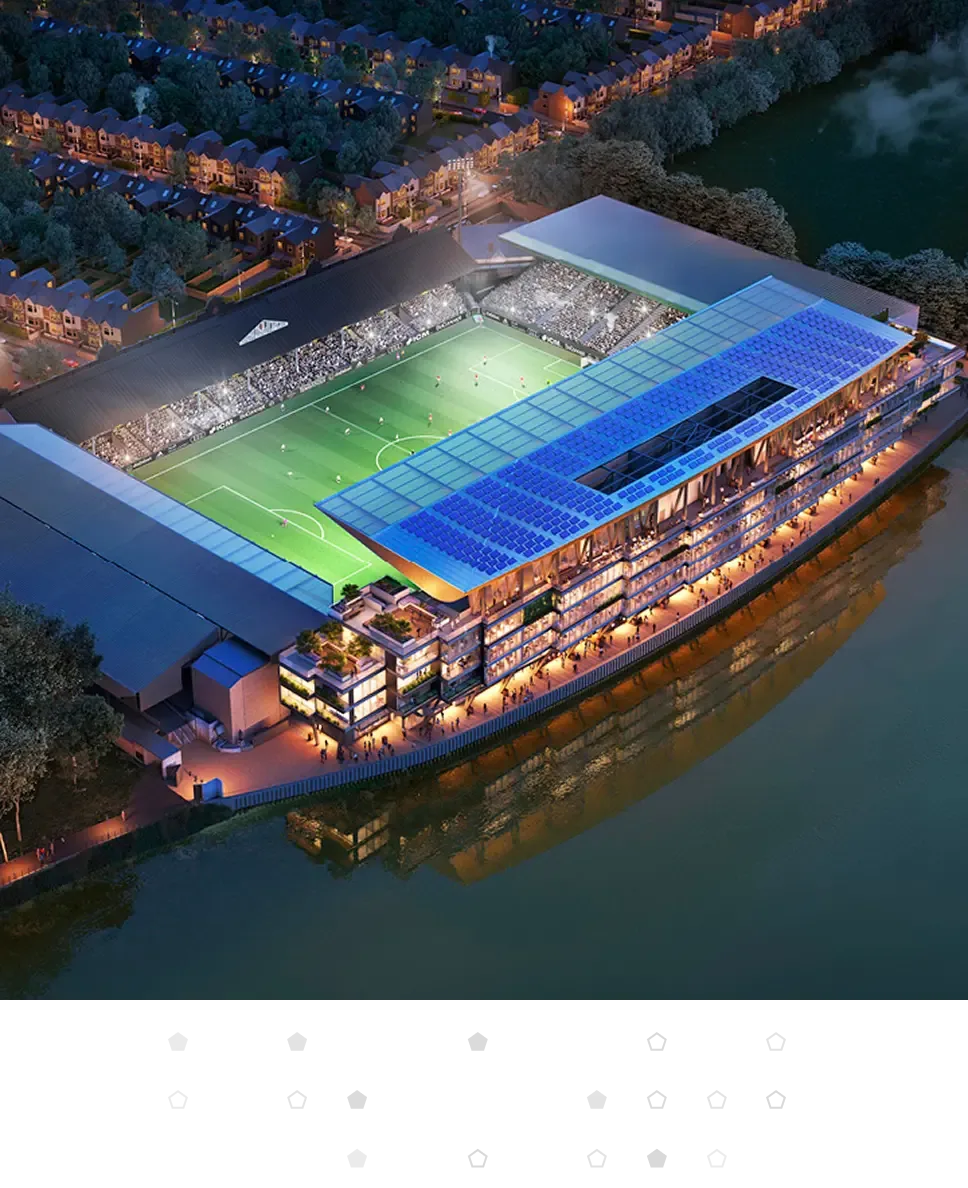 Aerial photo of Fulham Pier, a waterfront conference center with a global football field.
