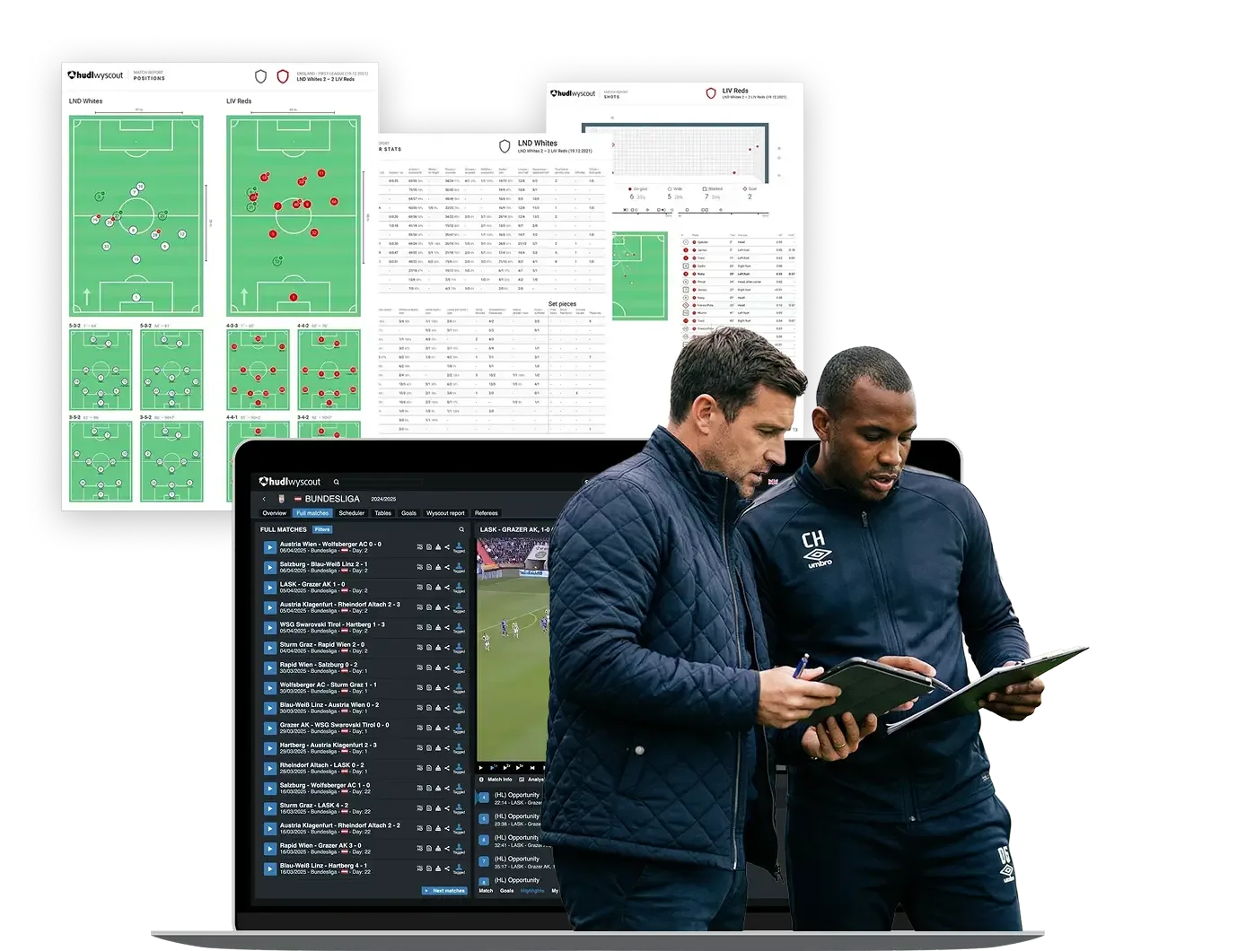 Two soccer coaches review a tablet and clipboard in front of a laptop displaying a Bundesliga match schedule and scouting reports with tactical pitch diagrams and player statistics.