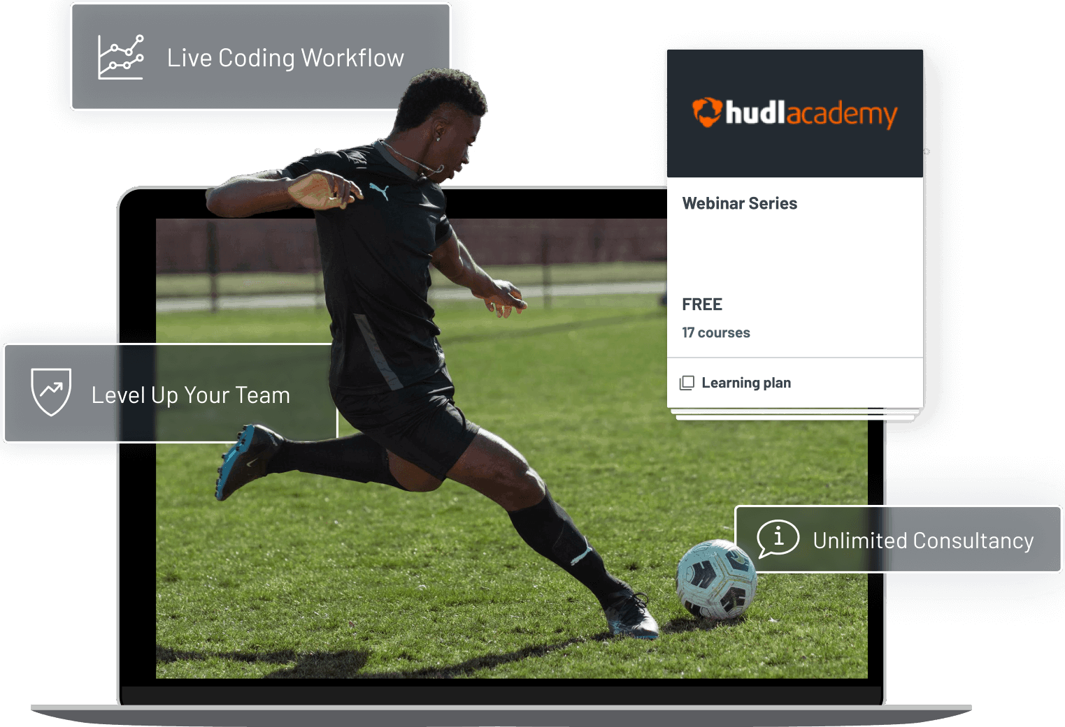 A laptop showing a global football player kicking a ball, with a screenshot of Hudl Academy and icon boxes.
