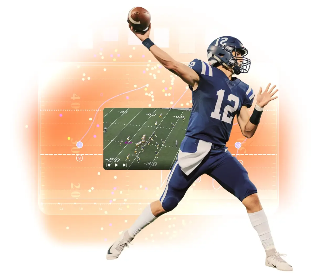 A quarterback in a blue and white uniform winding up to throw a football, superimposed over an orange-hued heat map and route-tracking chart showing player movement patterns on a field.