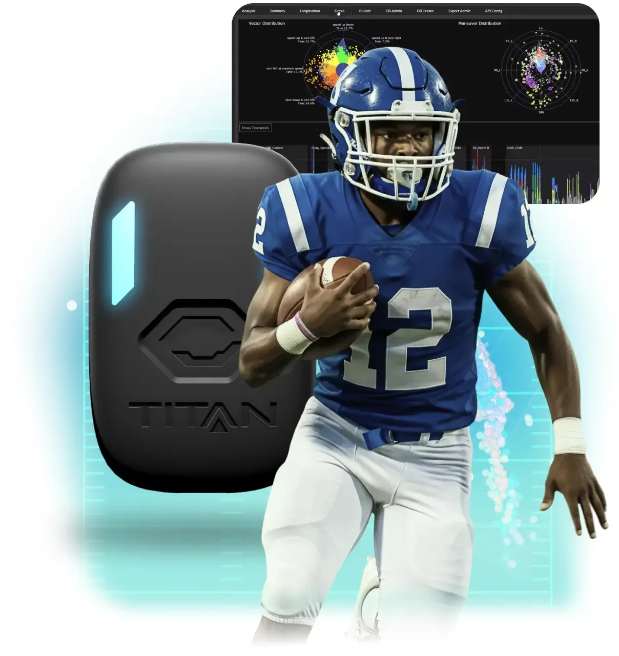 A football player running with the ball, positioned next to a large black Titan GPS wearable sensor. An inset dashboard displays 'Vector Distribution' and 'Maneuver Distribution' data charts.