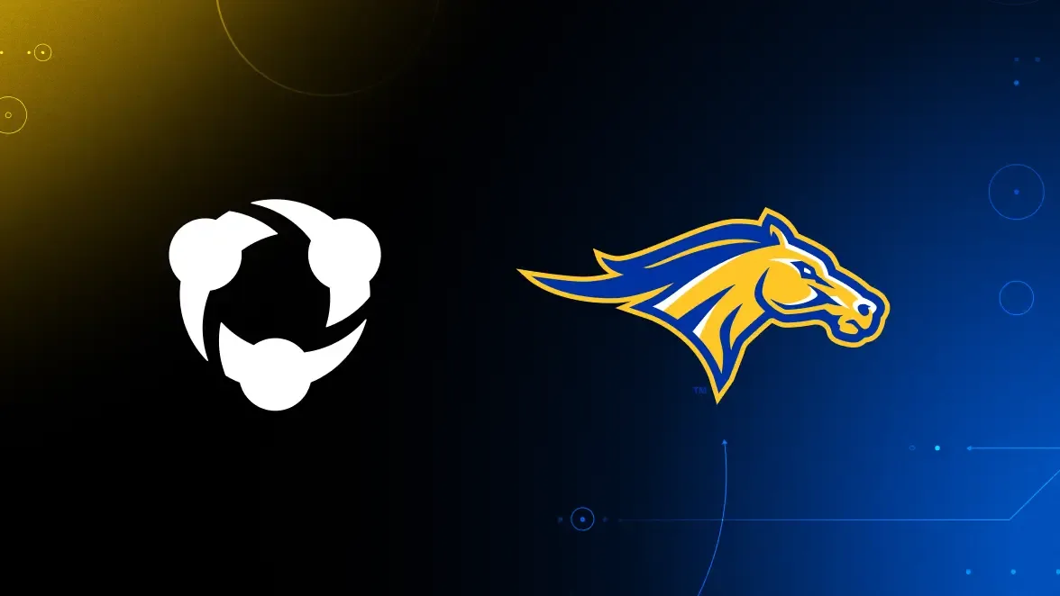 A partnership graphic featuring the white Hudl logo on the left and the blue and gold Monroe mustang logo on the right, set against a dark blue and yellow gradient background.