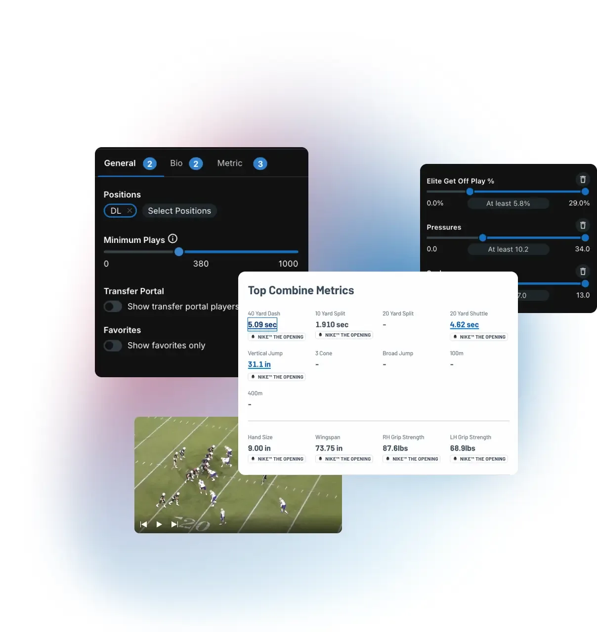 A UI collage of the Hudl recruiting software showing search filters for defensive line positions, transfer portal toggles, and a 'Top Combine Metrics' card featuring 40-yard dash times, vertical jump, and hand size data.
