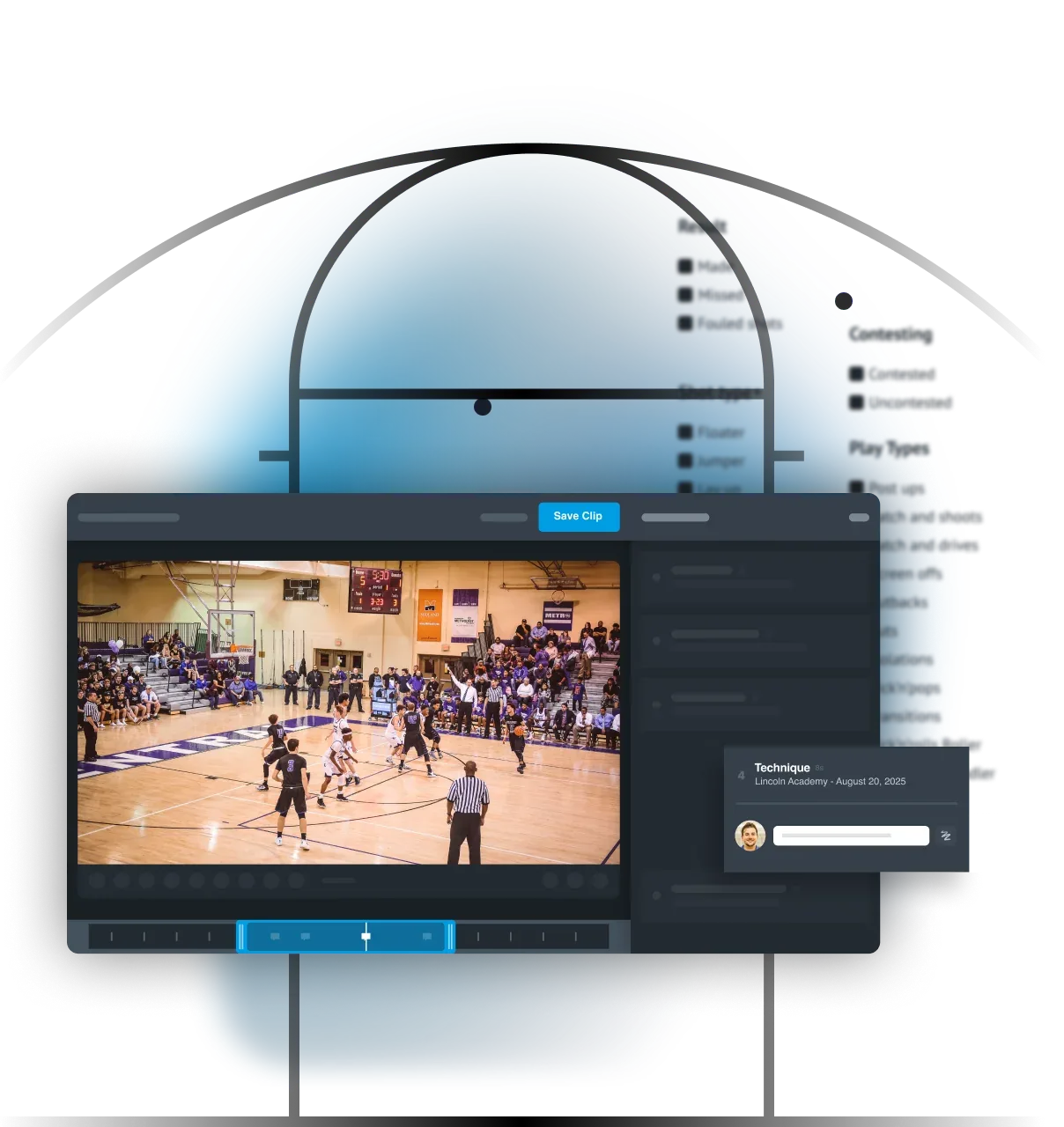 A digital video editing interface displaying a basketball game replay, with a "Save Clip" button at the top and a "Technique" comment box from Lincoln Academy dated August 20, 2025, set against a blue and white basketball court background.