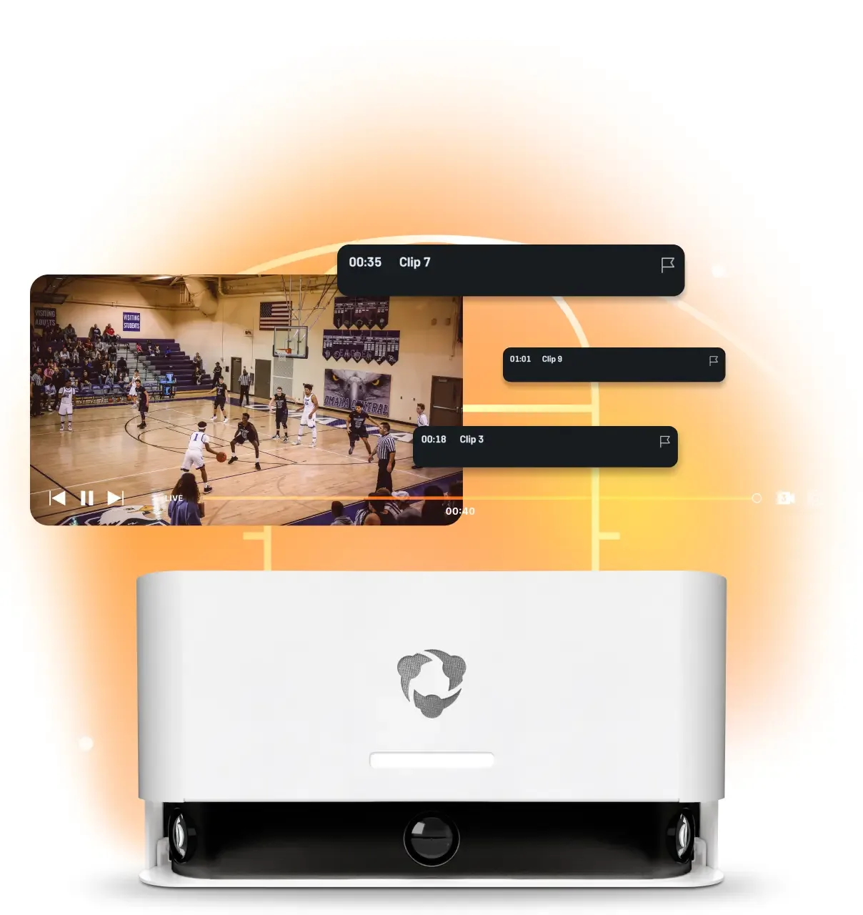 A white Hudl Focus smart camera is positioned in the foreground below a floating video player showing a high school basketball game with three tagged play clips labeled Clip 7, Clip 9, and Clip 3.