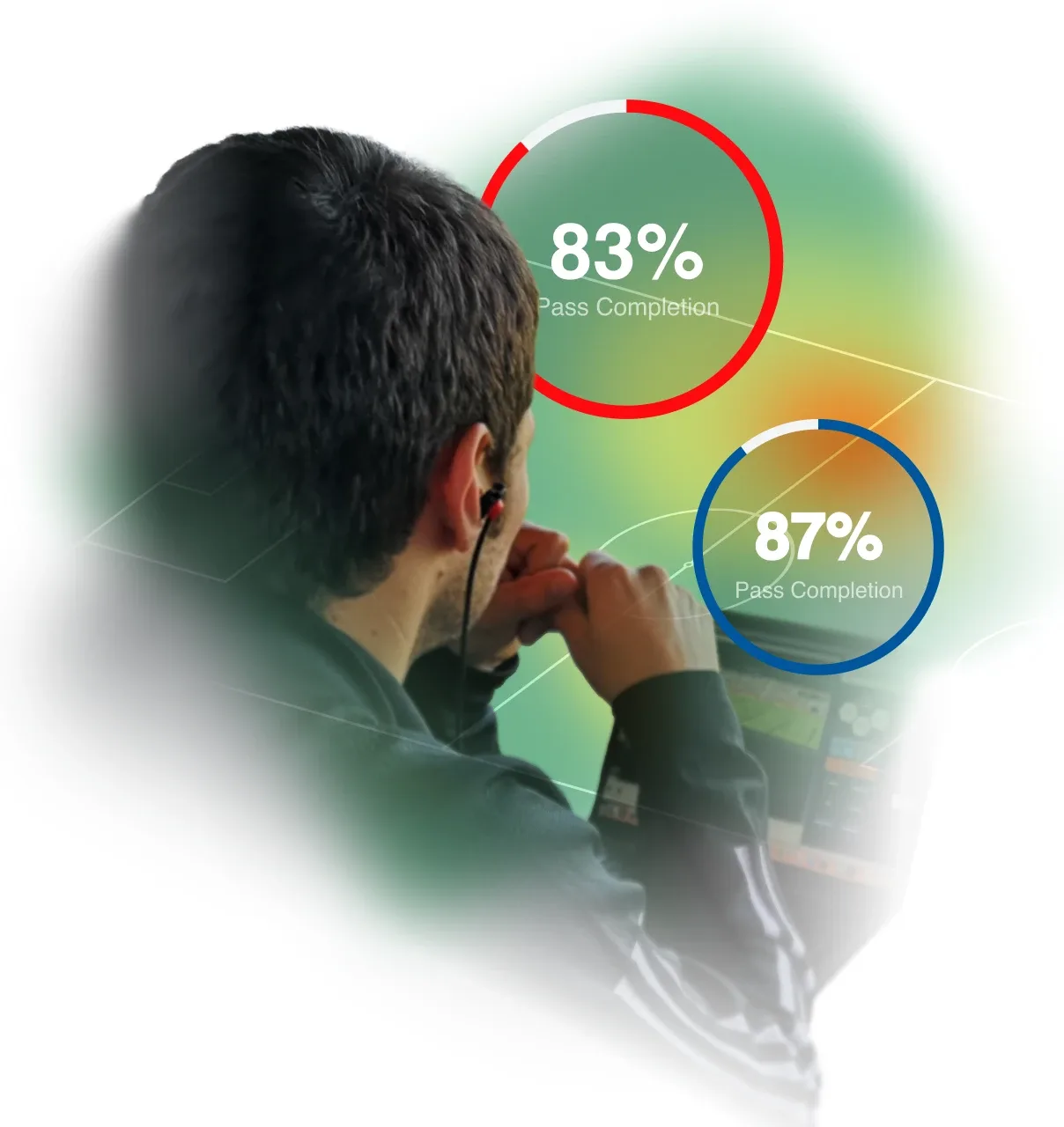 A back view of a person with wired earphones looking at a laptop, with two large floating circular graphics above showing "83% Pass Completion" in red and "87% Pass Completion" in blue.