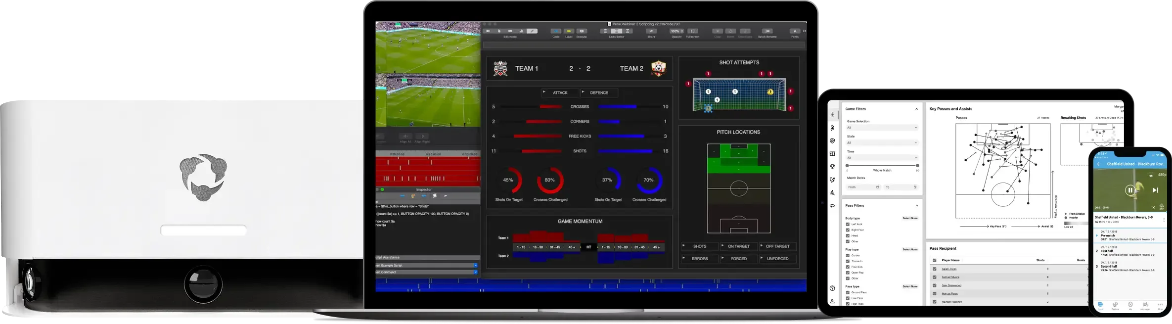 A Hudl Focus camera next to a laptop, tablet, and smartphone displaying various sports performance and scouting analytics.