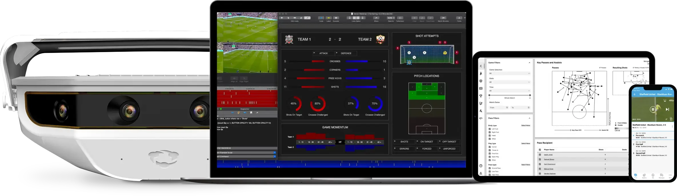 A Hudl Focus camera next to a laptop, tablet, and smartphone displaying various sports performance and scouting analytics.