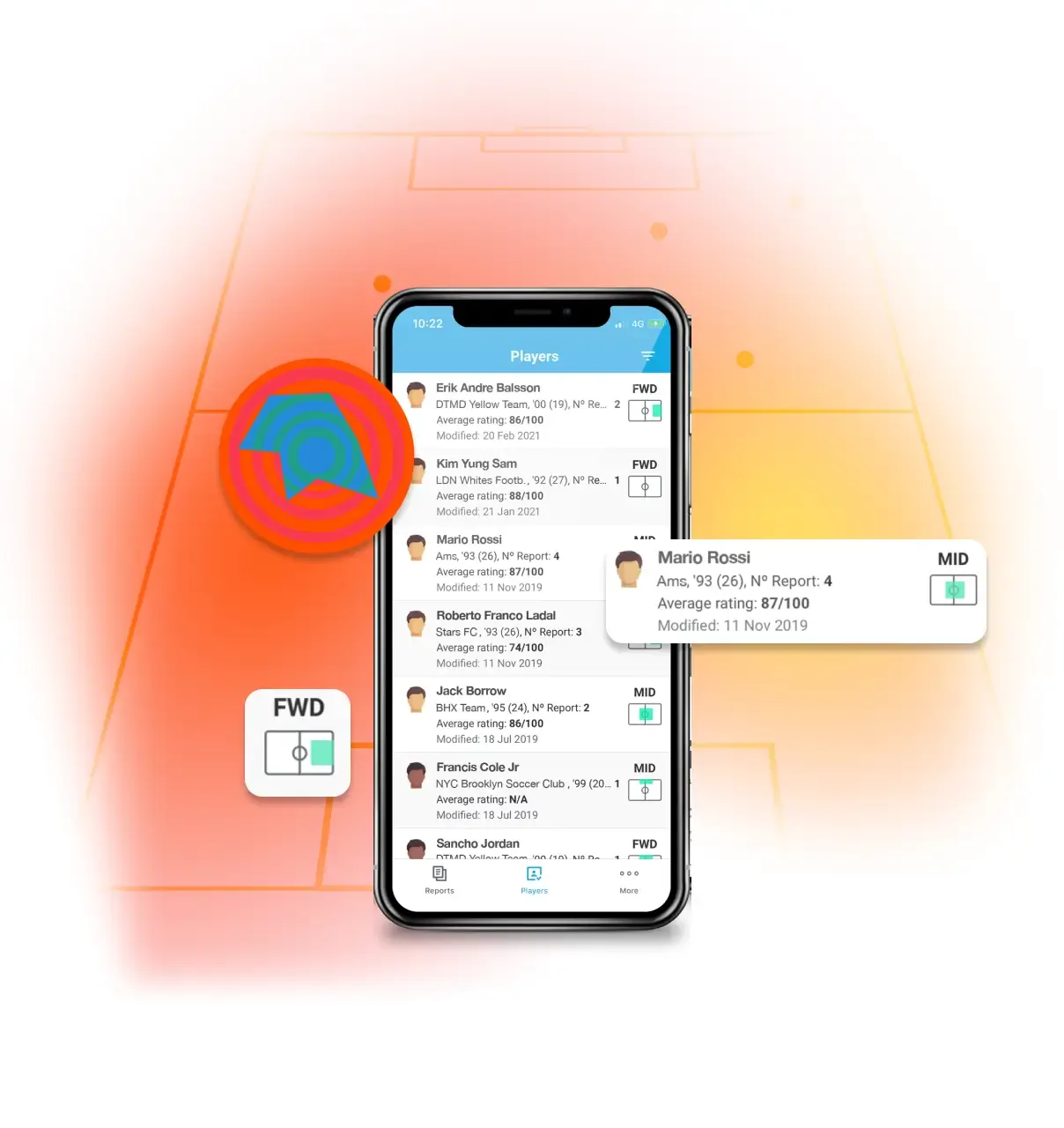 A smartphone displaying a list of soccer player profiles and ratings, superimposed over an orange line-art diagram of a soccer pitch with player position markers.