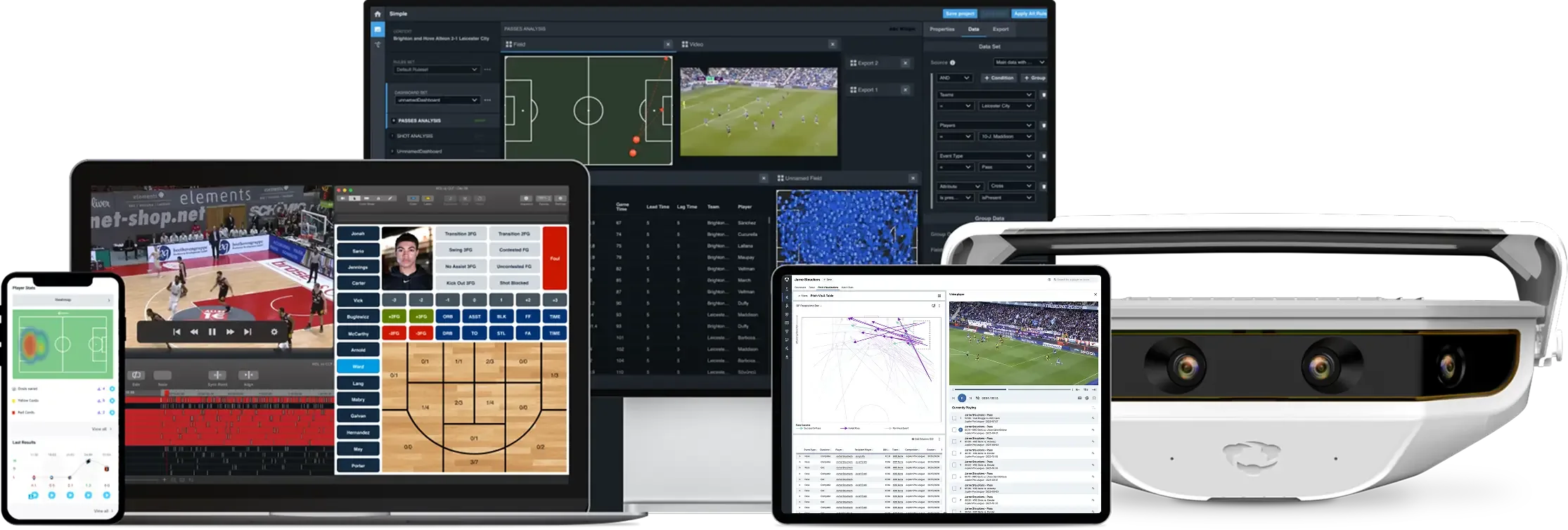 A collection of electronic devices displaying various sports analytics interfaces.