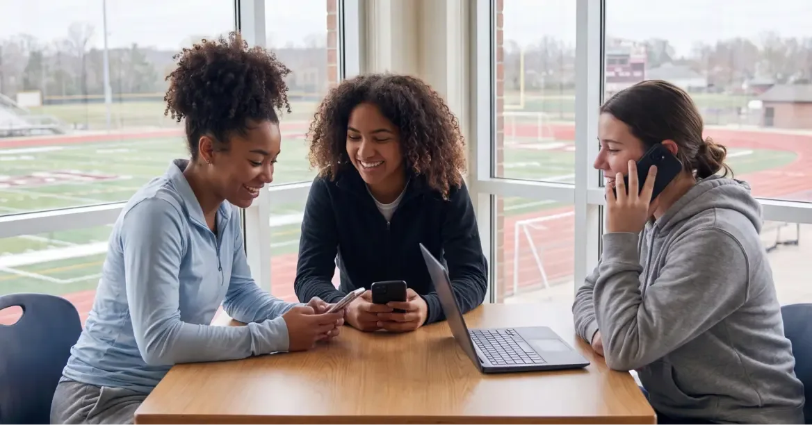 Three young women sitting around a table in an office next to a sports field, using a laptop and cell phones to coordinate an event.