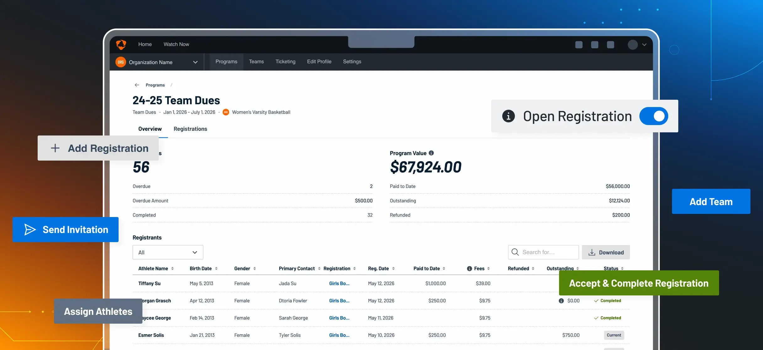 A laptop depicting an organization's registration dashboard. It displays the number of submitted and overdue registration payments, including the total amount collected so far, and a list of registered athletes.