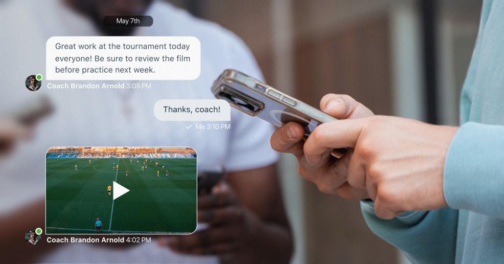 Photoillustration of a message exchange where a coach congratulates an athlete for their performance and shares video for review before next week's practice.
