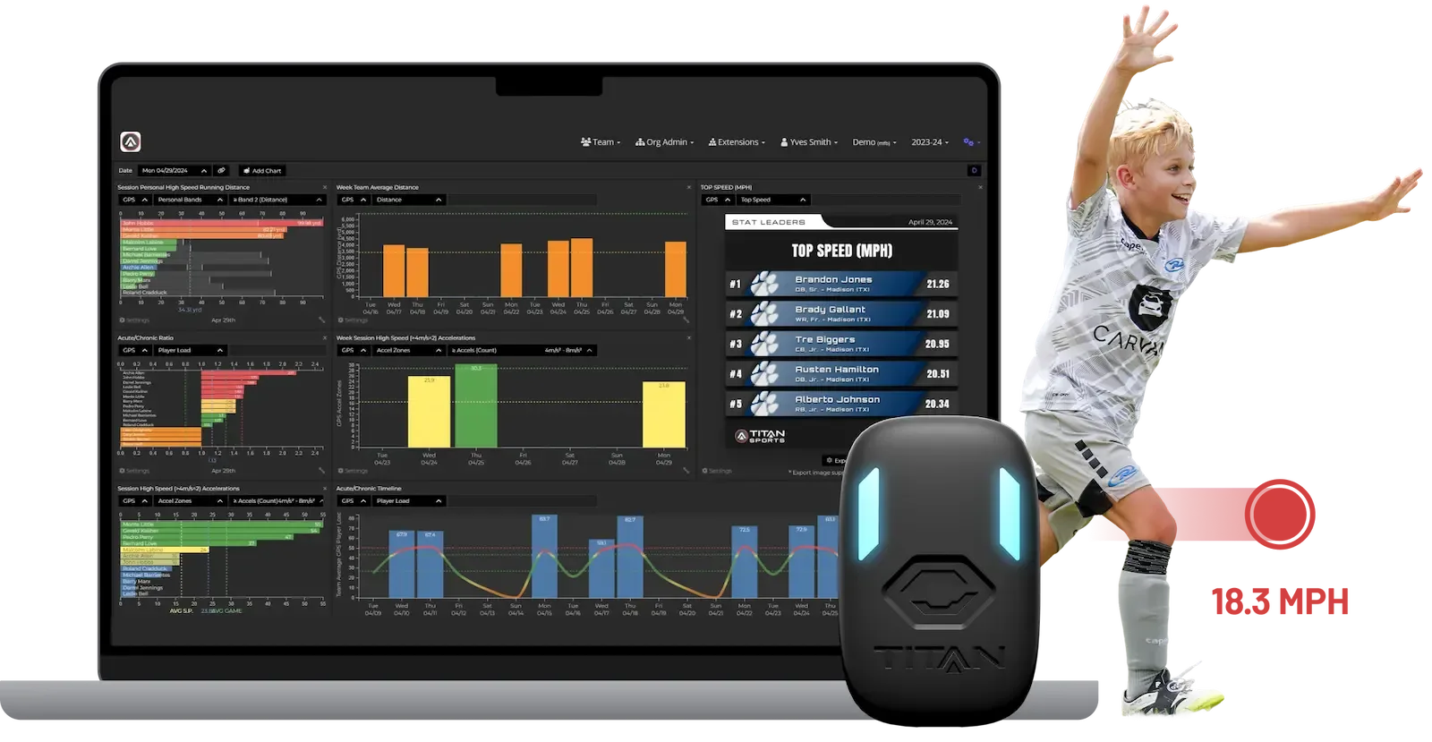 Photoillustration of a young male player, a Titan GPS Athlete Tracker, and a laptop displaying detailed reporting from a recent practice session.