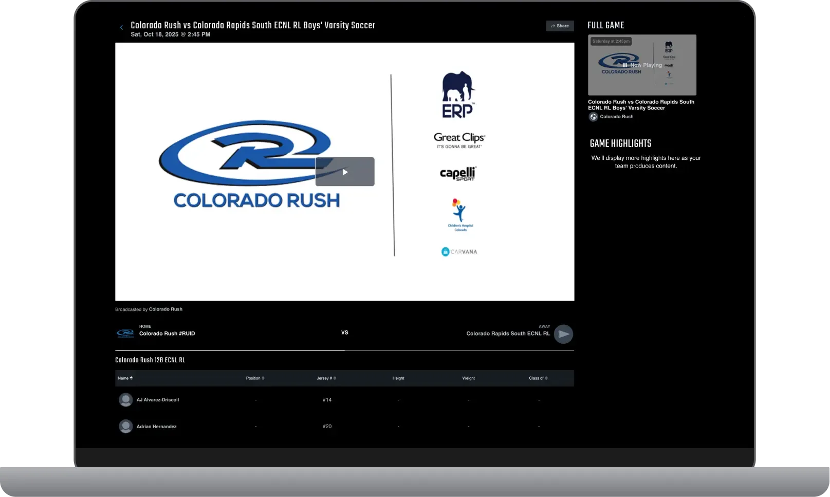 A laptop depicting a livestream of a Colorado Rush soccer match that includes examples of paid sponsorships.