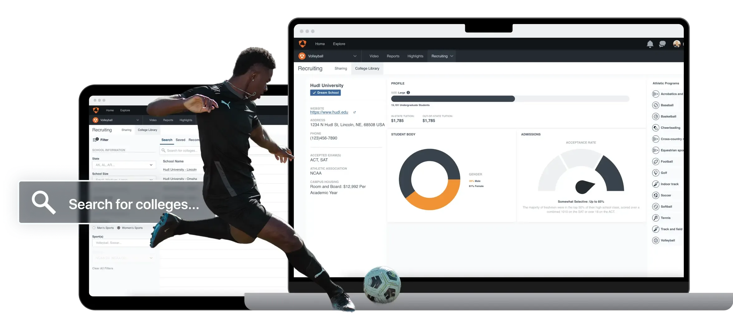 Photoillustration showing a male soccer athlete and their recruiting profile.