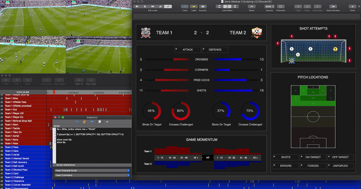 Captura de tela ou foto ilustrativa da interface do software Hudl Sportscode mostrando linhas táticas e métricas sobre o campo