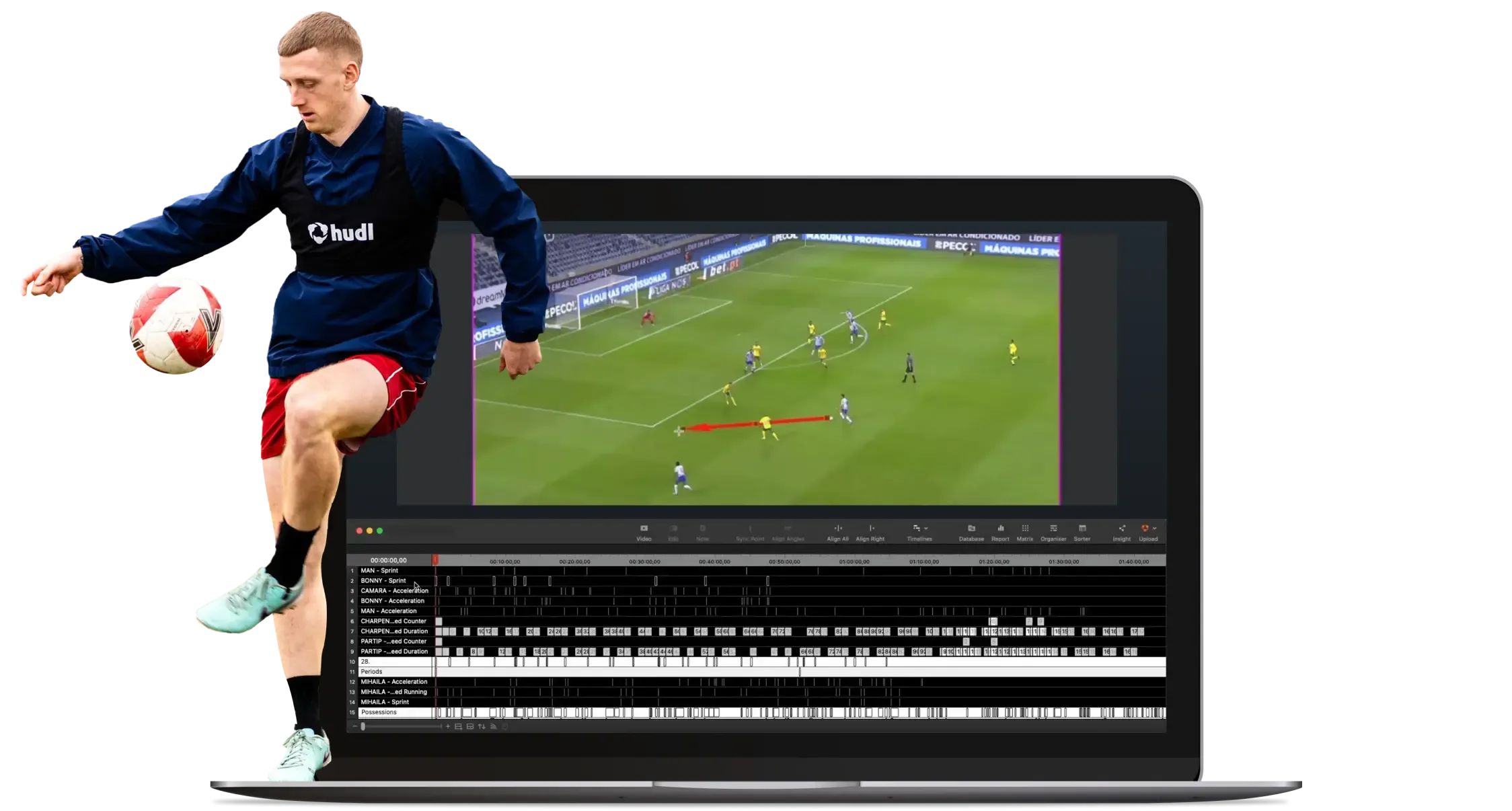 Photoillustration showing a global football player practicing while wearing a WIMU tracker and a laptop showing Hudl Sportscode reviewing layers of data combined with match video.