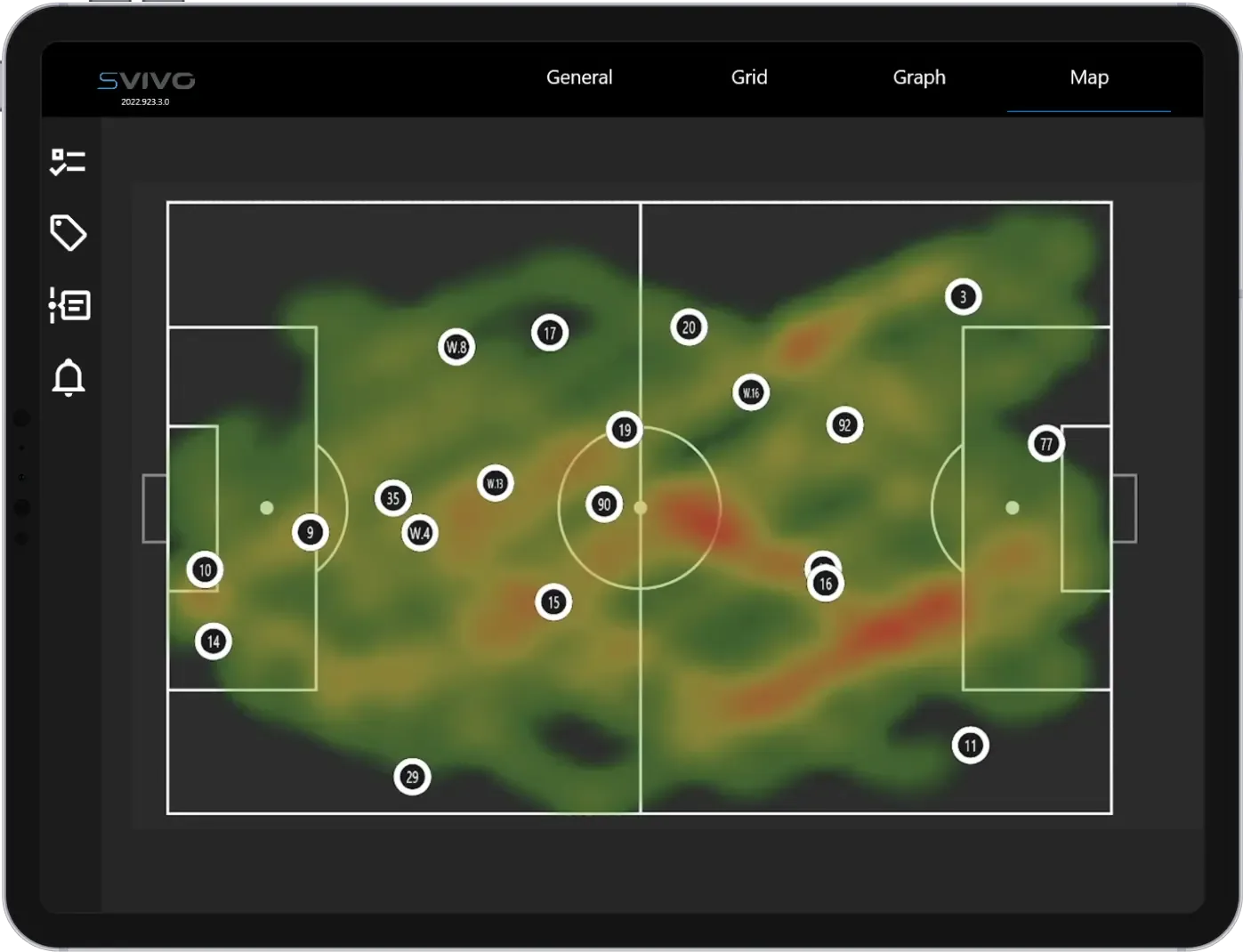 A tablet computer running SVIVO, showing live tracking data from WIMU trackers.