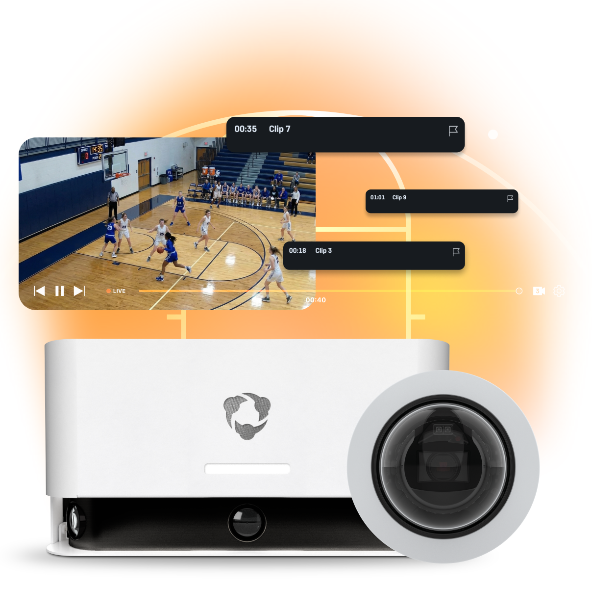 A white Hudl Focus camera system shown with a basketball game live stream and time-stamped video clips.