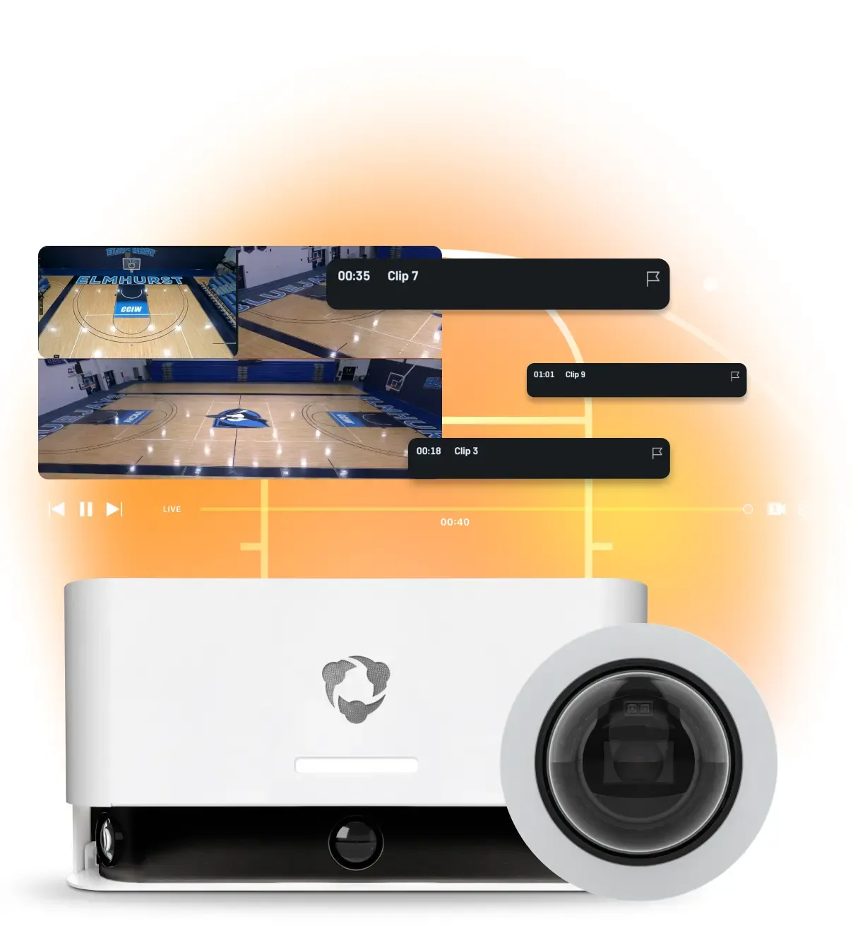 A white Hudl Focus camera system shown with a basketball game live stream and time-stamped video clips.