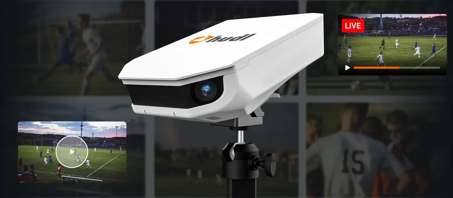 A white Hudl Focus camera on a tripod, with a live soccer game stream on the right and a recorded game video playback on the left.