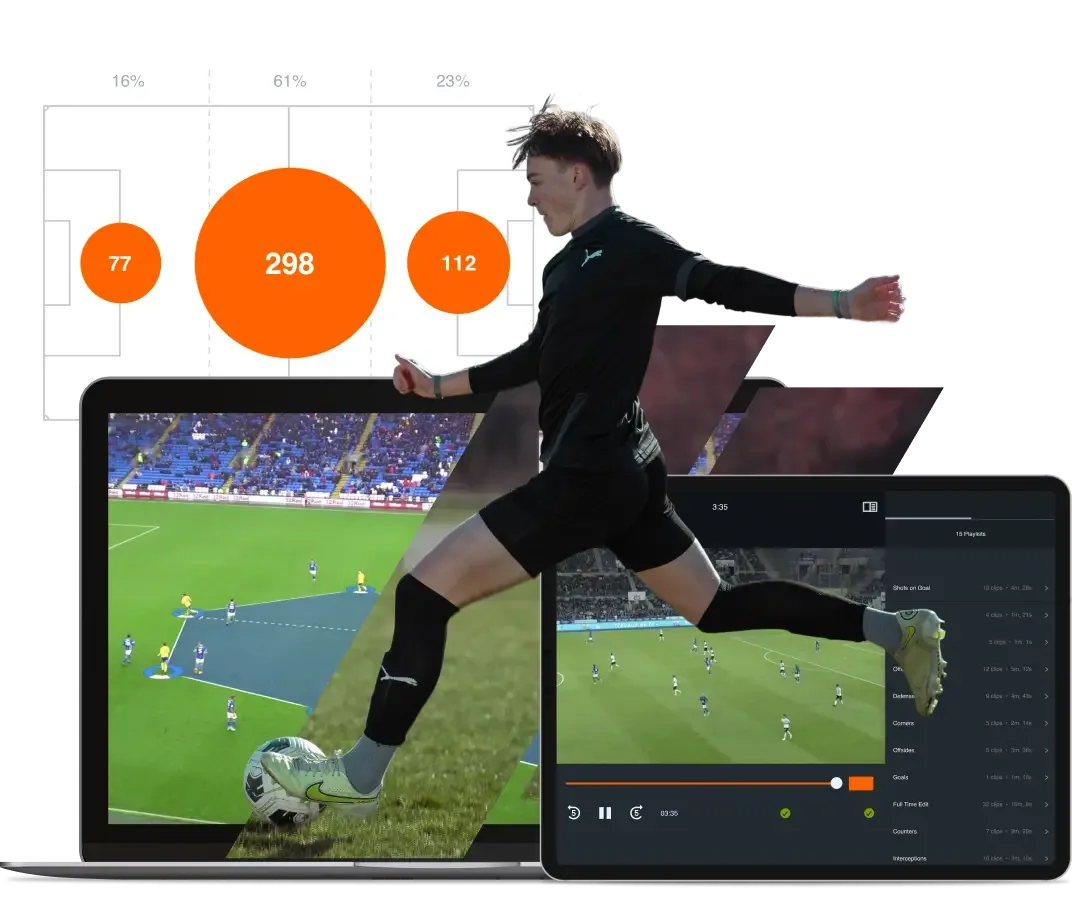 A sports technology collage featuring a male soccer player mid-stride kicking a ball, superimposed over a laptop displaying tactical match analysis, a tablet with video playlists, and an orange diagram showing zonal pass distribution metrics.