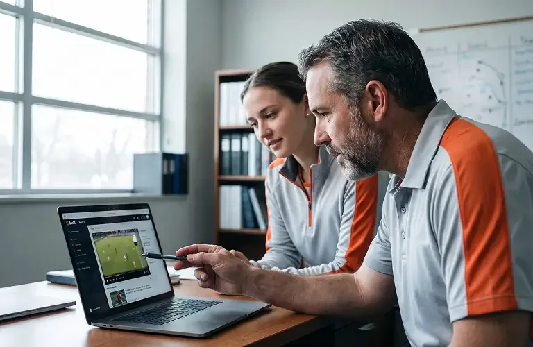 A man and a woman in grey and orange athletic polos sit at a desk in an office, reviewing a soccer match on a laptop. The man uses a pen to point at a specific play on the screen.