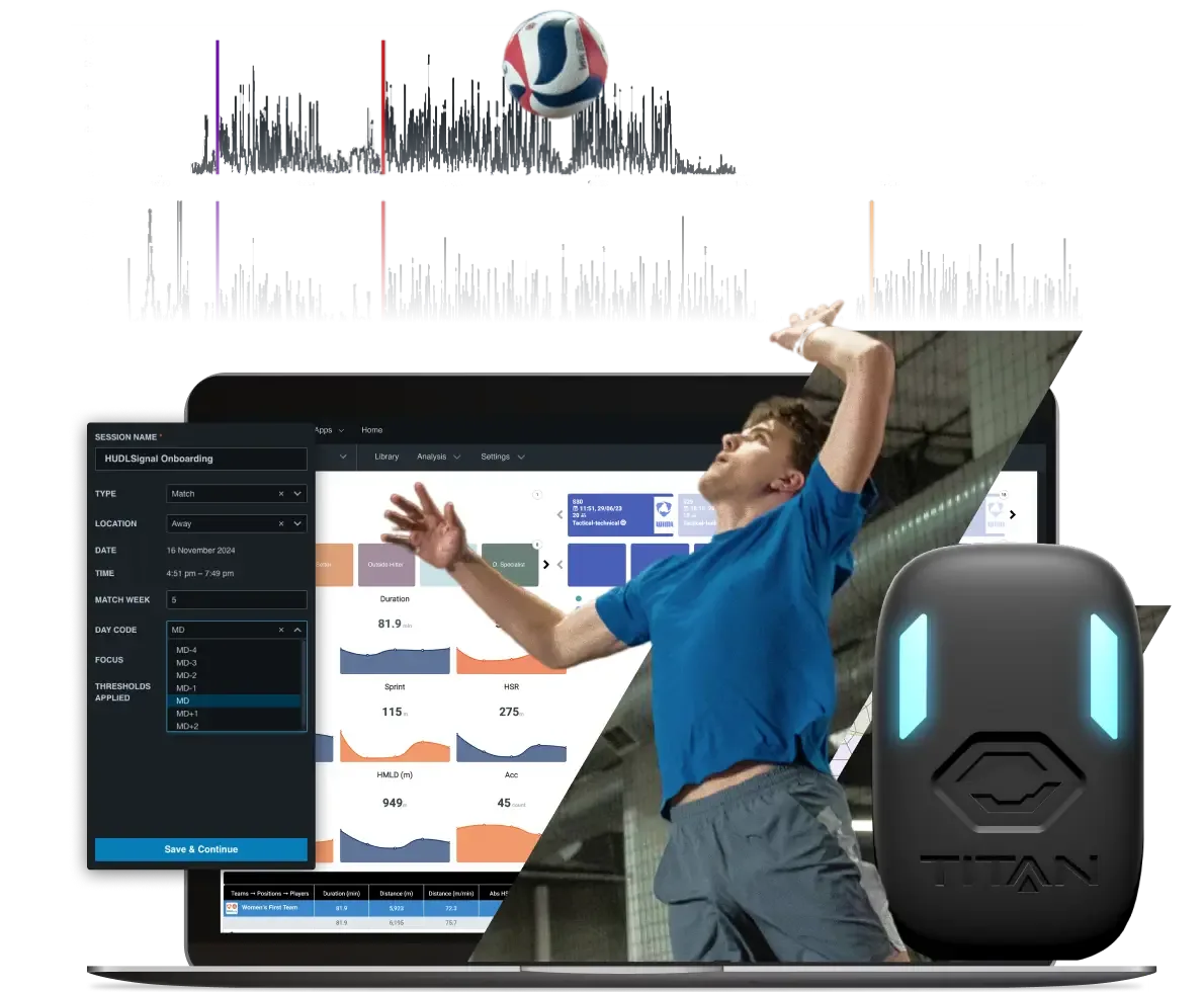 a volleyball player in a blue shirt mid-jump, positioned in front of a laptop displaying session setup and a dashboard with athletic performance metrics like duration and sprint distance. Above the player is a floating volleyball and a performance frequency graph, while a black Titam wearable sensor sits in the foreground on the right.